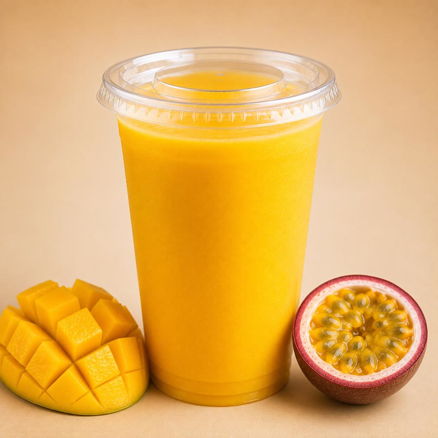 Mango and passion fruit drink with fresh mango and passion fruit